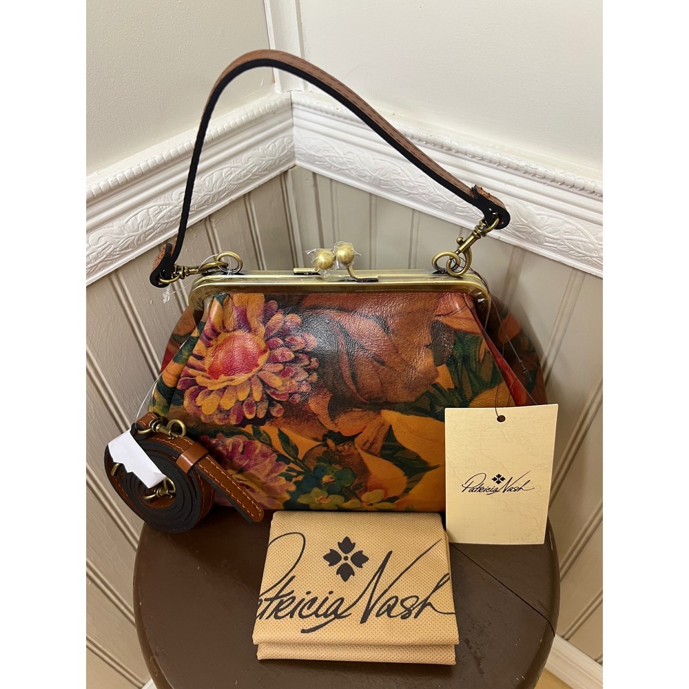 Patricia Nash Floral Leather Kiss Lock Satchel Bag Multi Color Vintage Style NEW - Picture 4 of 11